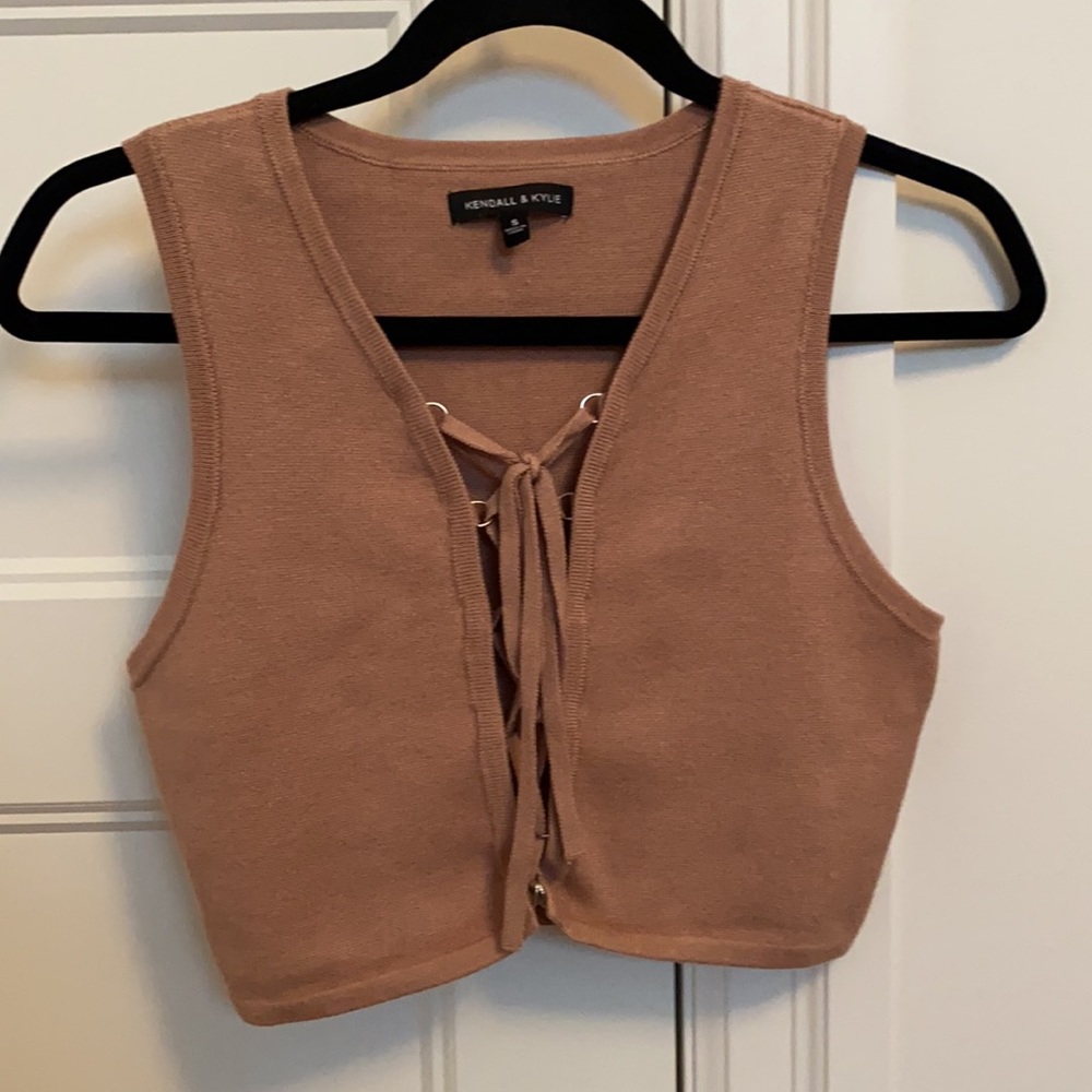 Kendall & Kylie Pacsun Knit Tan Crop Top with Lace Up Detail